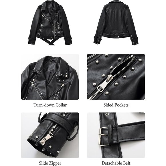 Women's Studded Faux Leather Moto Jacket Black PU Biker with Rivets Punk Black - Picture 7 of 7
